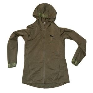 PUMA womens sz large hooded zip up sweatshirt Olive Green Logo On Wrist Pockets